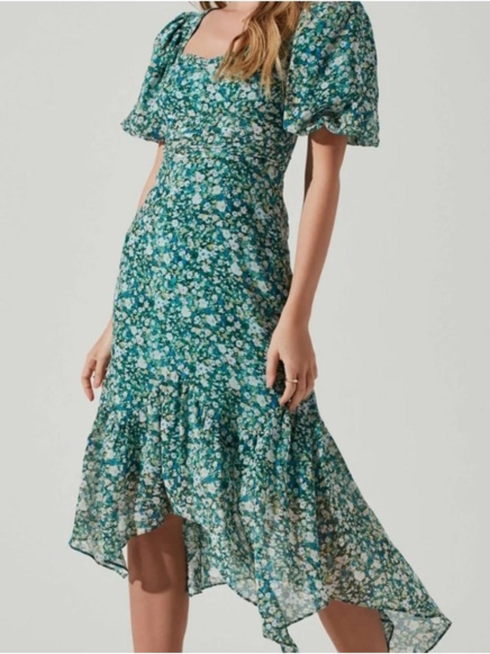 Astr The Label Teal Green Floral High-Low Midi Dress
